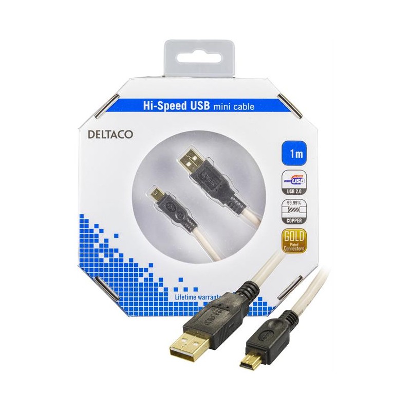 DELTACO USB 2.0 kaapeli Tyyppi A Uros-Tyyppi Mini B Uros, 1m,bege/must